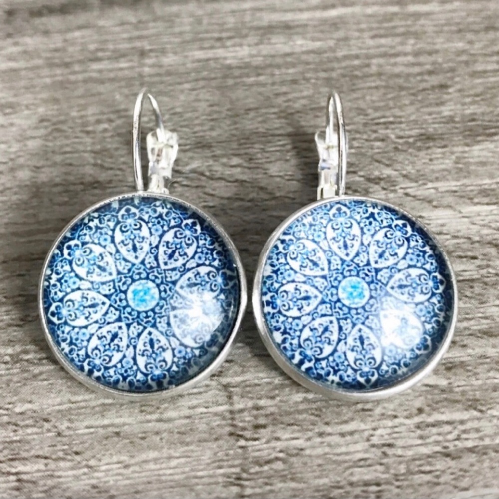 Moroccan Tile Blue and White Boho Earrings